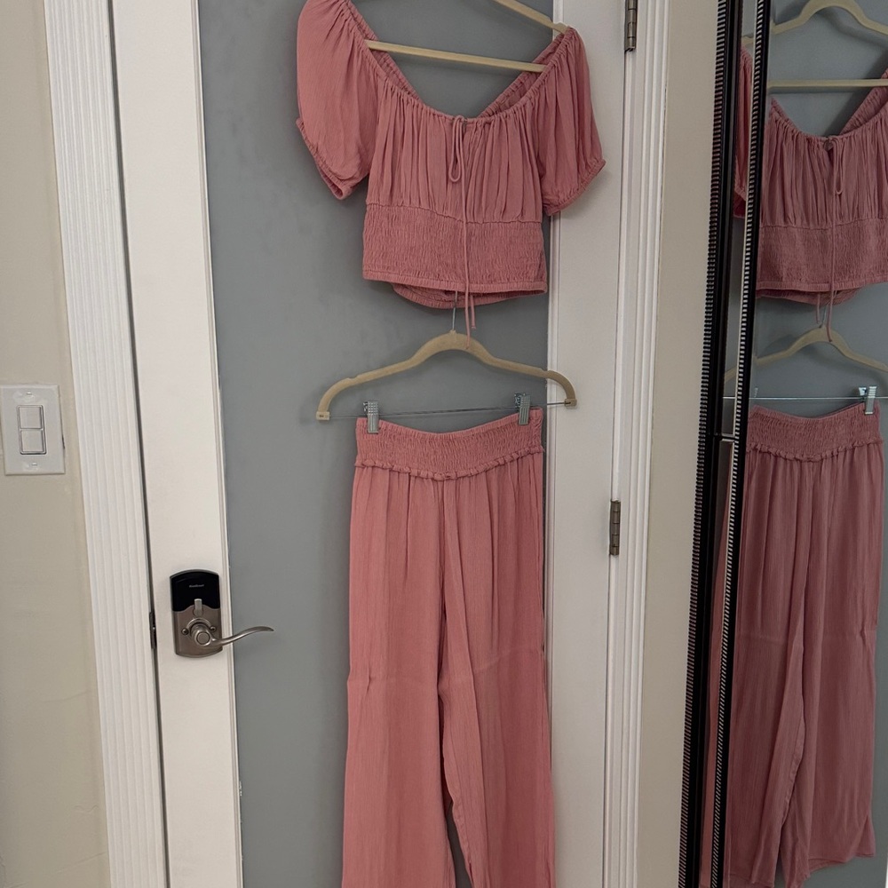 Missguided Pink Smocked Waist Wide-Leg Pants & Matching Off-Shoulder Crop Top